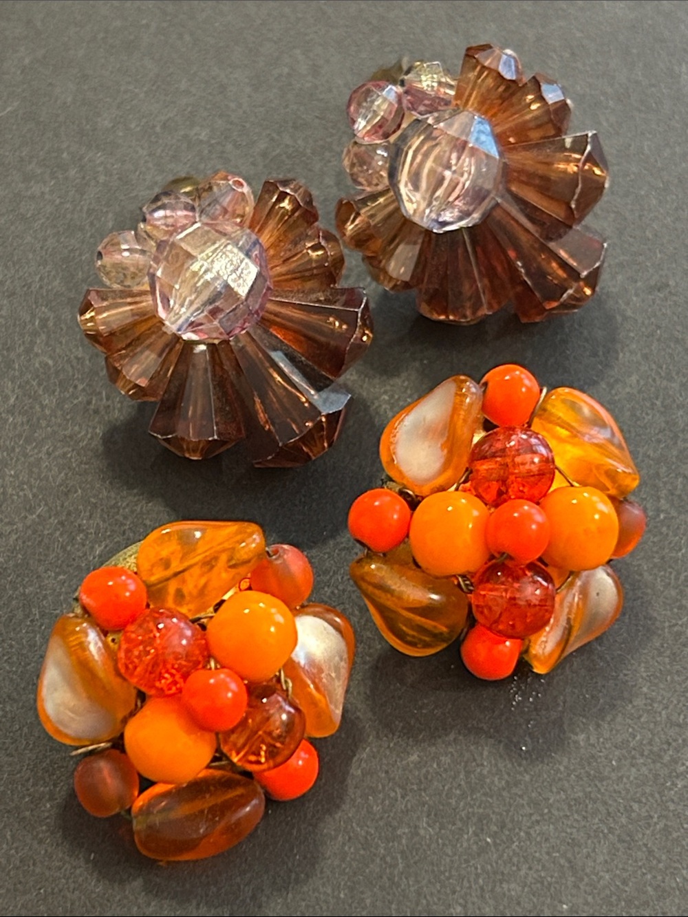 Vintage Cluster Clip-On Earrings - Orange & Amber Tones